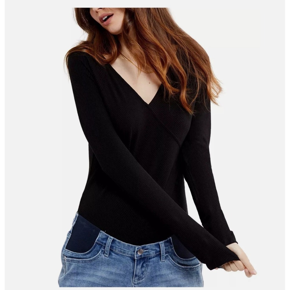 A Pea in the Pod Maternity Bodysuit Women's Medium Black V-Neck Ribbed Top NWT